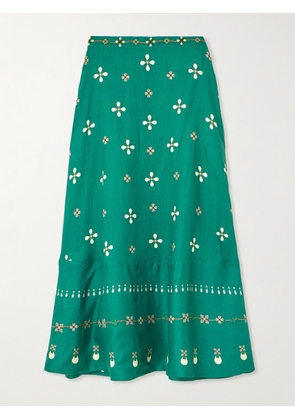 Agua by Agua Bendita - Bel Mar Esmeralda Paneled Embroidered Printed Linen Maxi Skirt - Green - x small,small,medium,large,x large