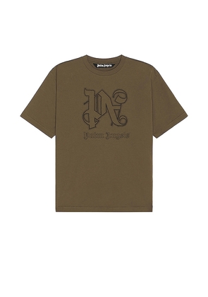 Palm Angels Monogram Statement Tee in Olive. Size S.