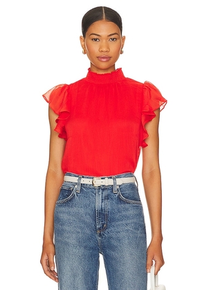 1. STATE Smocked Turtleneck Flutter Sleeve Top in Red. Size M, XS, XXS.