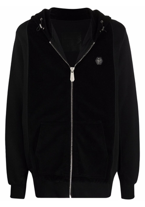 Philipp Plein velvet-panelled zip-up hoodie - Black
