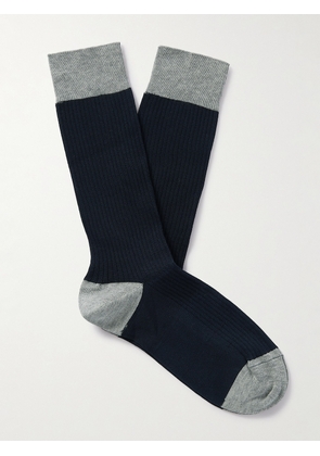 John Smedley - Cortland Colour-Block Ribbed Sea Island Cotton-Blend Socks - Men - Blue - S