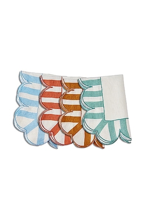 Misette Embroidered Linen Scalloped Stripe Napkins Set Of 4 in Natural & Multicolor - Blue. Size all.
