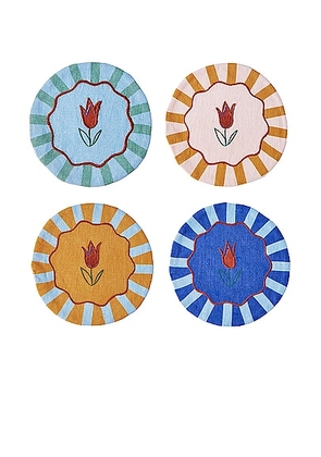 Misette Embroidered Linen Coasters Set Of 4 in Jardin Multicolor - Blue. Size all.