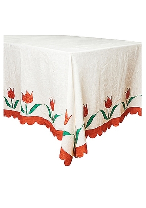 Misette Linen Embroidered Tablecloth in Jardin - Red. Size all.