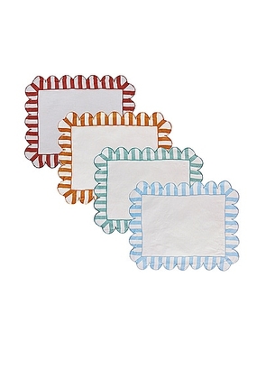 Misette Embroidered Linen Scalloped Stripe Placemats Set Of 4 in Natural & Multicolor - Teal. Size all.