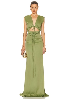 Lapointe Stretch Satin Shirred V Neck Maxi Dress in Olive - Olive. Size 2 (also in 4, 6).