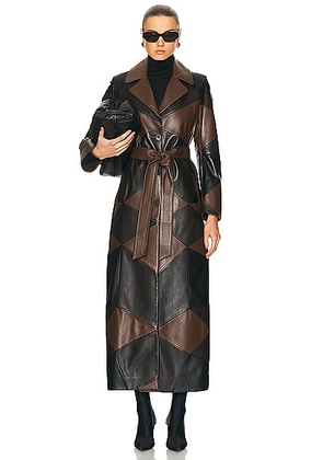 NOUR HAMMOUR for FWRD Sonja Patchwork Trench Coat in Black  Umber  & Walnut - Black. Size 36 (also in 38, 42).