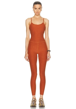 Beyond Yoga Spacedye Uplevel Midi Jumpsuit in Warm Clay Heather - Burnt Orange. Size L (also in M, S, XS).