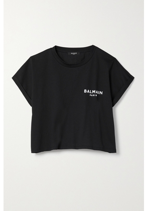 Balmain - Cropped Flocked Cotton-jersey T-shirt - Black - x small,small,medium,large,x large