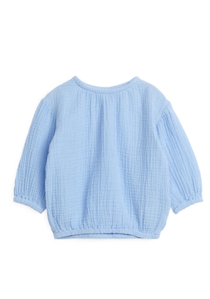 Balloon-Sleeve Cheesecloth Blouse - Blue