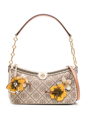 Tory Burch T Monogram floral-appliqué shoulder bag - Brown