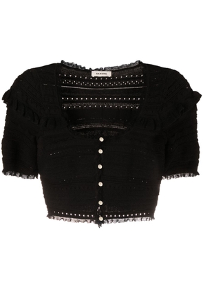 SANDRO ruffled pointelle-knit cropped cardigan - Black