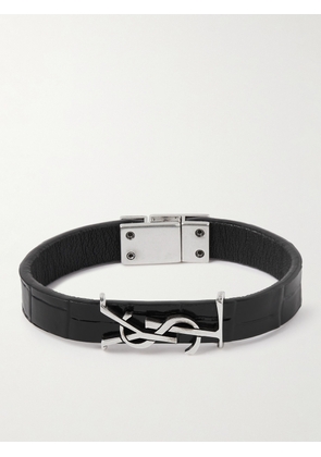 SAINT LAURENT - Cassandre Croc-Effect Leather and Silver-Tone Bracelet - Men - Black - S