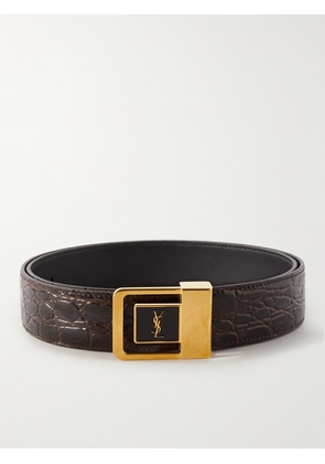 SAINT LAURENT - 3cm Logo-Embellished Croc-Effect Leather Belt - Men - Brown - EU 80