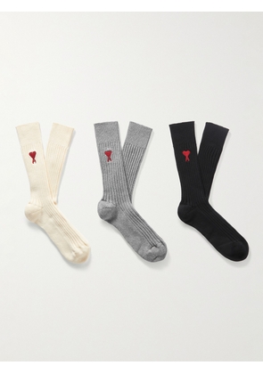 AMI PARIS - Three-Pack Logo-Embroidered Ribbed Cotton-Blend Socks - Men - Neutrals - EU 39-42
