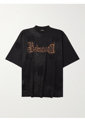 Balenciaga - Oversized Logo-Print Bleached Cotton-Jersey T-Shirt - Men - Black - S