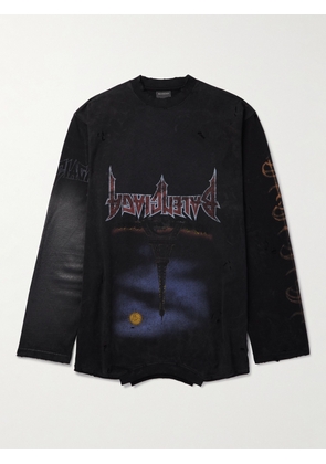 Balenciaga - Oversized Distressed Logo-Print Stretch-Cotton Jersey T-Shirt - Men - Black - 1