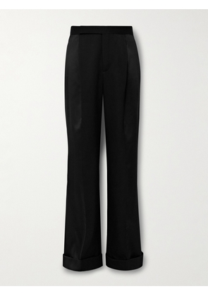 SAINT LAURENT - Wide-Leg Pleated Panelled Wool-Twill and Satin Tuxedo Trousers - Men - Black - IT 48