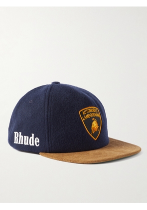 Rhude - Automobili Lamborghini Logo-Appliquéd Embroidered Suede-Trimmed Wool-Blend Trucker Cap - Men - Blue