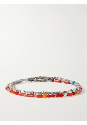 Peyote Bird - Ananda Set of Two Silver Multi-Stone Beaded Bracelets - Men - Red