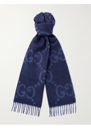Gucci - Fringed Logo-Print Cashmere Scarf - Men - Blue