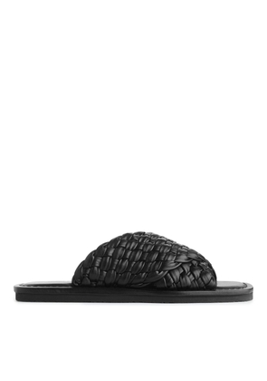 Woven Leather Slides - Black