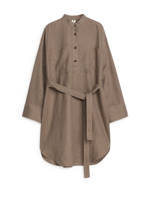 Linen Shirt Dress - Brown