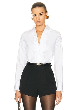 Saint Laurent Ruffle Long Sleeve Shirt in Blanc - White. Size 36 (also in 42).