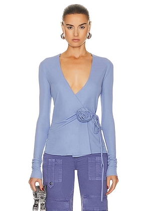 Blumarine Long Sleeve Wrap Top in Jasmine - Blue. Size 36 (also in 38, 40, 42).