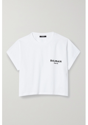 Balmain - Cropped Flocked Cotton-jersey T-shirt - White - x small,small,medium,large,x large