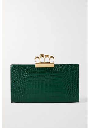Alexander McQueen - Four Ring Embellished Croc-effect Leather Clutch - Green - One size