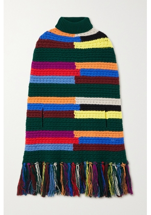PUCCI - Fringed Striped Wool Turtleneck Poncho - Blue - small,medium