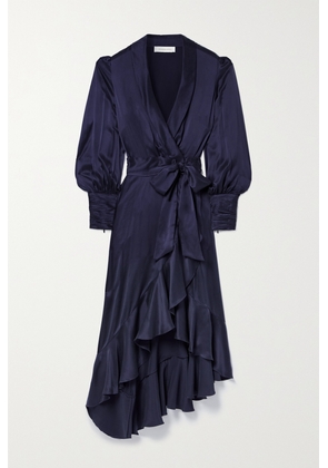Zimmermann - Asymmetric Ruffled Silk-satin Midi Wrap Dress - Blue - 00,0,1,2,3,4