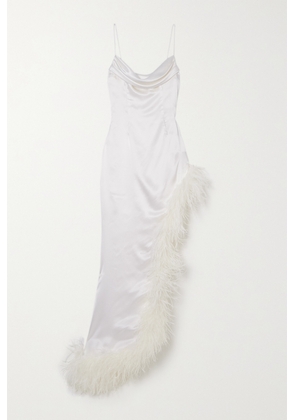 Alessandra Rich - Asymmetric Feather-trimmed Silk-satin Gown - White - IT36,IT38,IT40,IT42,IT44,IT46
