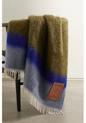 Loewe - Leather-trimmed Fringed Striped Mohair-blend Blanket - Blue - One size