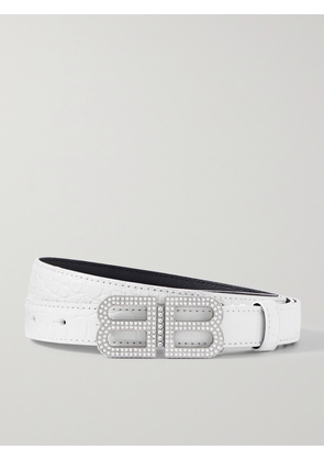 Balenciaga - Bb Hourglass Crystal-embellished Croc-effect Leather Belt - White - 70,75,80,85