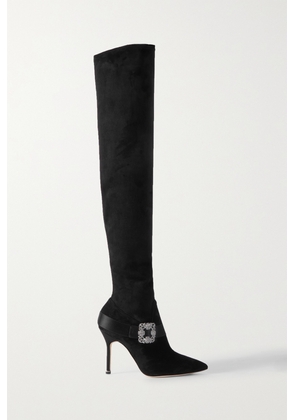 Manolo Blahnik - Plinianuthi 105 Buckled Satin-trimmed Suede Over-the-knee Boots - Black - IT35,IT35.5,IT36,IT36.5,IT37,IT37.5,IT38,IT38.5,IT39,IT39.5,IT40,IT40.5,IT41,IT41.5,IT42