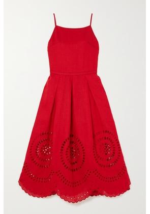 Vita Kin - Pandora Pleated Broderie Anglaise Linen Midi Dress - Red - x small,small,medium,large