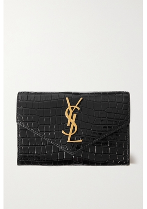 SAINT LAURENT - Cassandre Glossed Croc-effect Leather Wallet - Black - One size