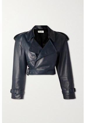 SAINT LAURENT - Belted Cropped Leather Jacket - Blue - FR38,FR40,FR42
