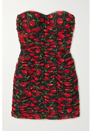 Dolce & Gabbana - Strapless Ruched Printed Stretch-tulle Mini Dress - Red - IT36,IT38,IT40,IT42,IT44,IT46,IT48