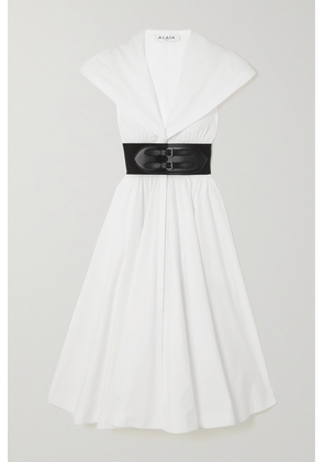 Alaïa - Archetypes Cape-effect Belted Leather-trimmed Cotton-poplin Midi Dress - White - FR34,FR36,FR38,FR40,FR42,FR44,FR46