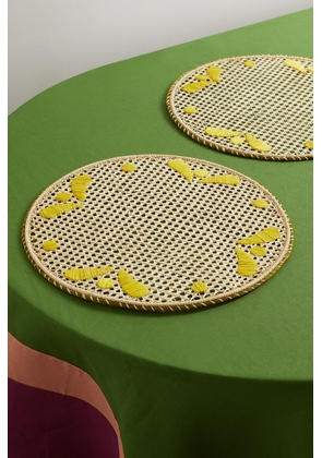 La DoubleJ - Set Of Two Embroidered Raffia Placemats - Yellow - One size