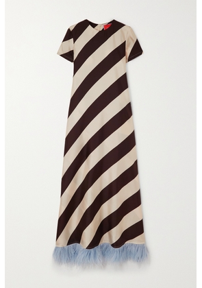 La DoubleJ - Swing Striped Feather-trimmed Silk-twill Maxi Dress - Brown - xx small,x small,small,medium,large,x large,xx large