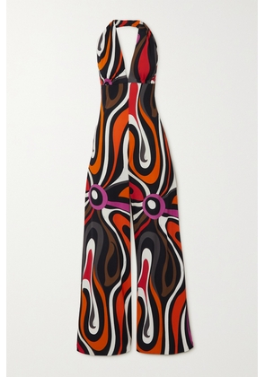 PUCCI - Printed Silk Satin-trimmed Jersey Halterneck Jumpsuit - Red - IT38,IT40,IT42,IT44