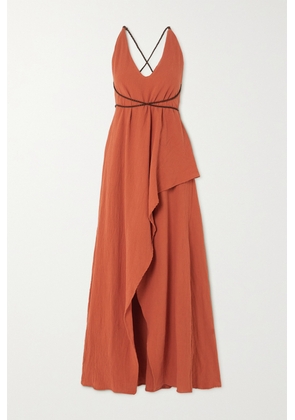 Caravana - + Net Sustain Pakaku Asymmetric Leather-trimmed Cotton-gauze Maxi Dress - Orange - One size