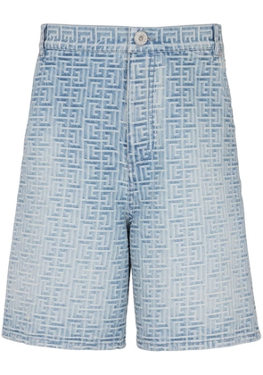 Balmain monogram print denim shorts - Blue