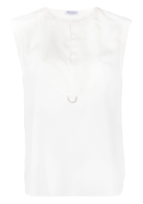 Brunello Cucinelli Monili-detail sleeveless silk blouse - White