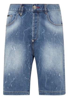 Philipp Plein logo-patch stonewashed denim shorts - Blue