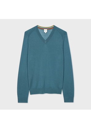 Paul Smith Teal Blue Merino Wool V-Neck Sweater Green